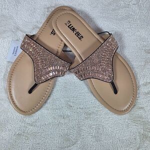 Muk Luks Luk*ees Pink Rose Gold Beaded Thong Sandal M 7/8 Beach Cruise Vacay NWT